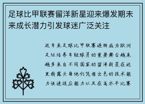 足球比甲联赛留洋新星迎来爆发期未来成长潜力引发球迷广泛关注